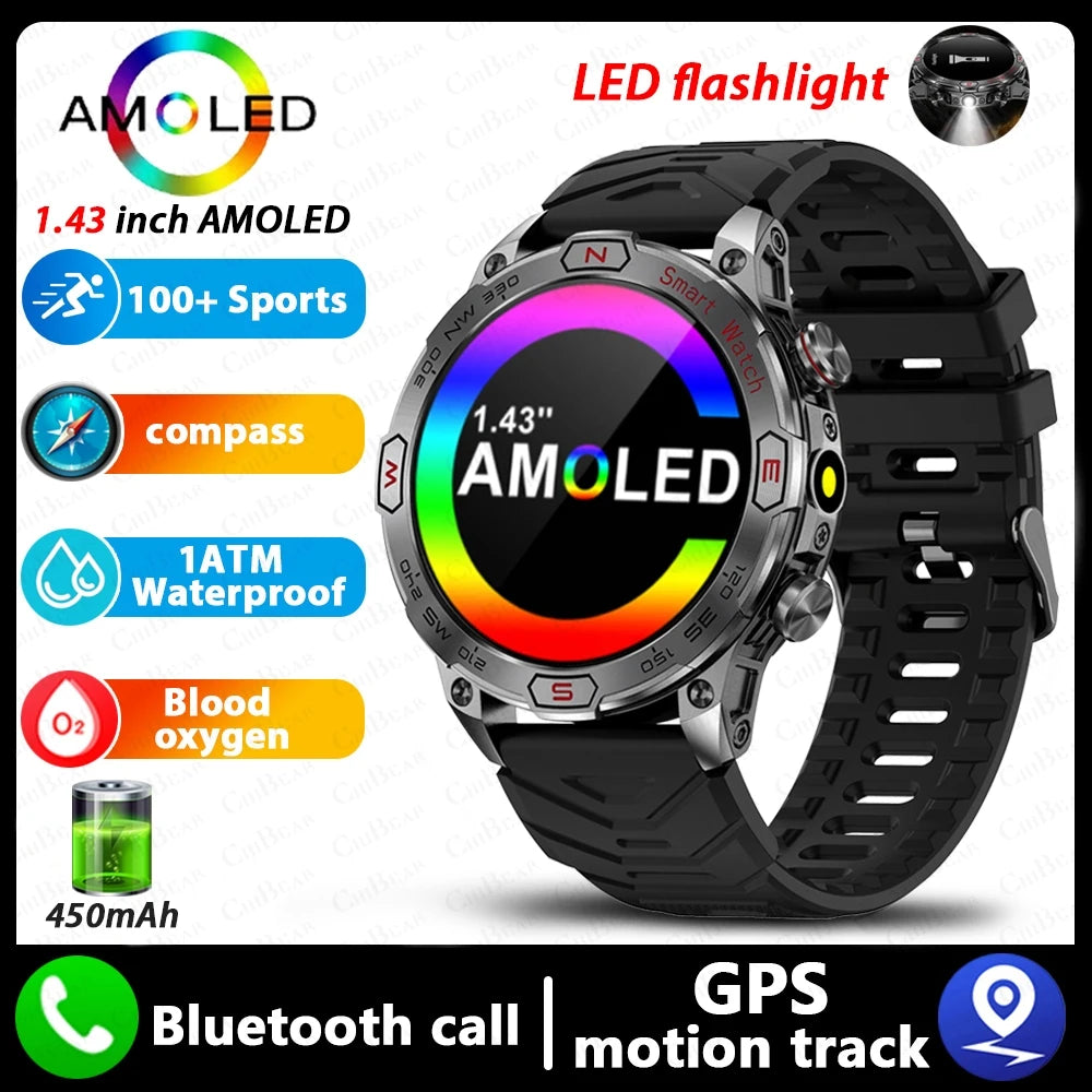 1 ATM Waterproof Smart Sport Watch Men With 450MAh Battery Health Monitoring Bluetooth Call Outdoor Compass Military Smart Watch