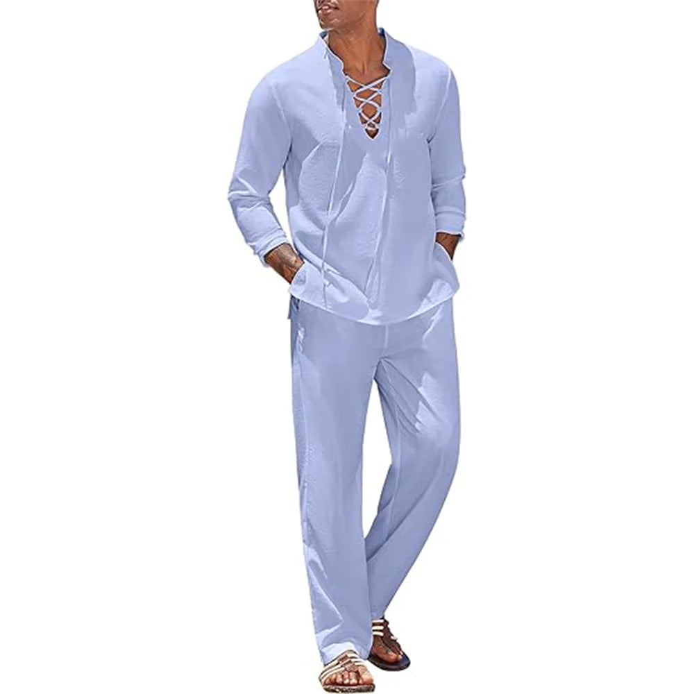 2pcs Set Men's Cotton Linen Shirt and Pants Suits for Men Beach Wear Tracksuit Solid Color Shirts Sweatpants Hawaiian Vacation