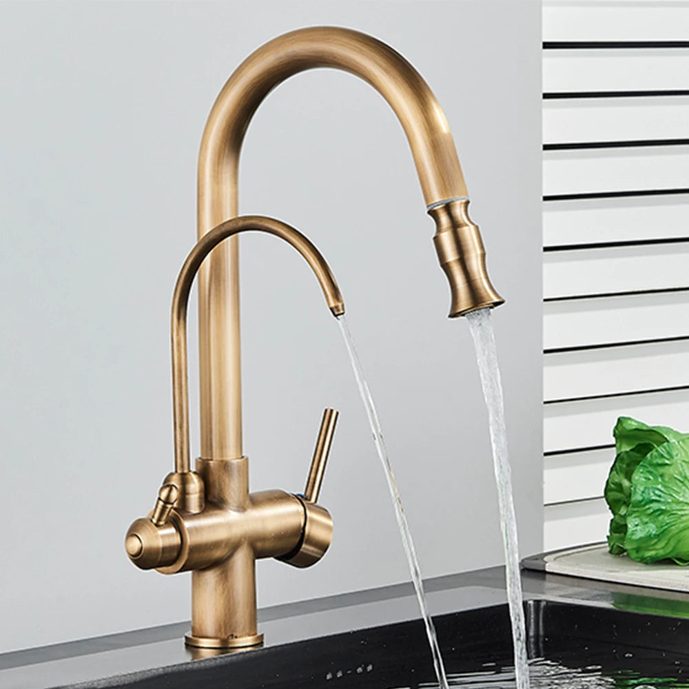 Gold Purify Water Kitchen Faucet Deck Mounted Dual Handle Faucet Purification Kitchen Sink Faucet 2 Swivel Spout Water Mixer Tap