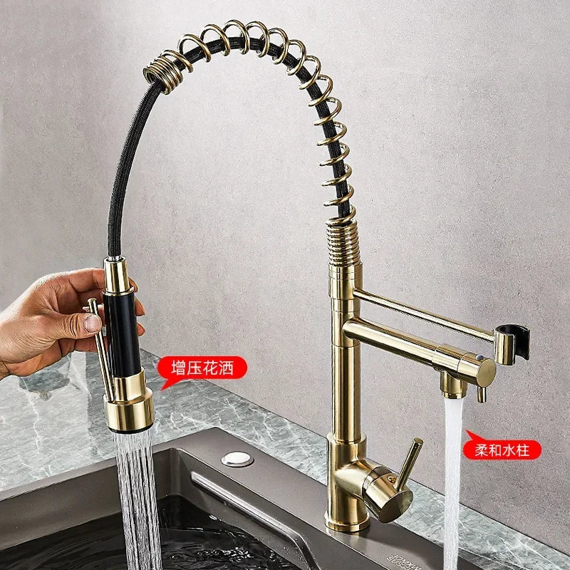 360 Rotatable Faucet Mixer Sink Brass Spring Water Kitchen Taps Gold Ceramic Modern Contemporary Single Handle