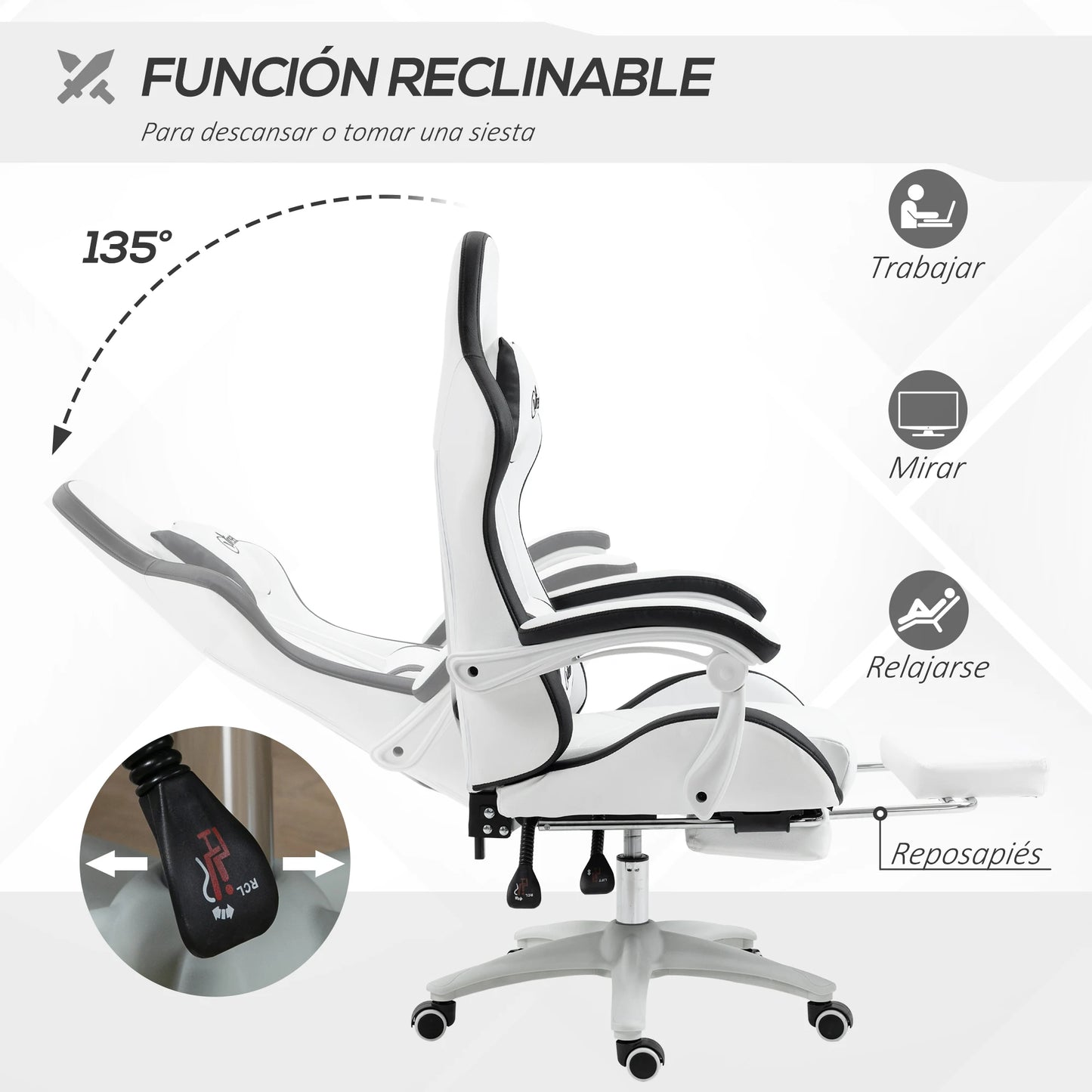 Vinsetto Gaming chair 135 ° adjustable height adjustable PU leather stand-back chair and retractable office studio footrest headrest 65x65x121-129 cm White