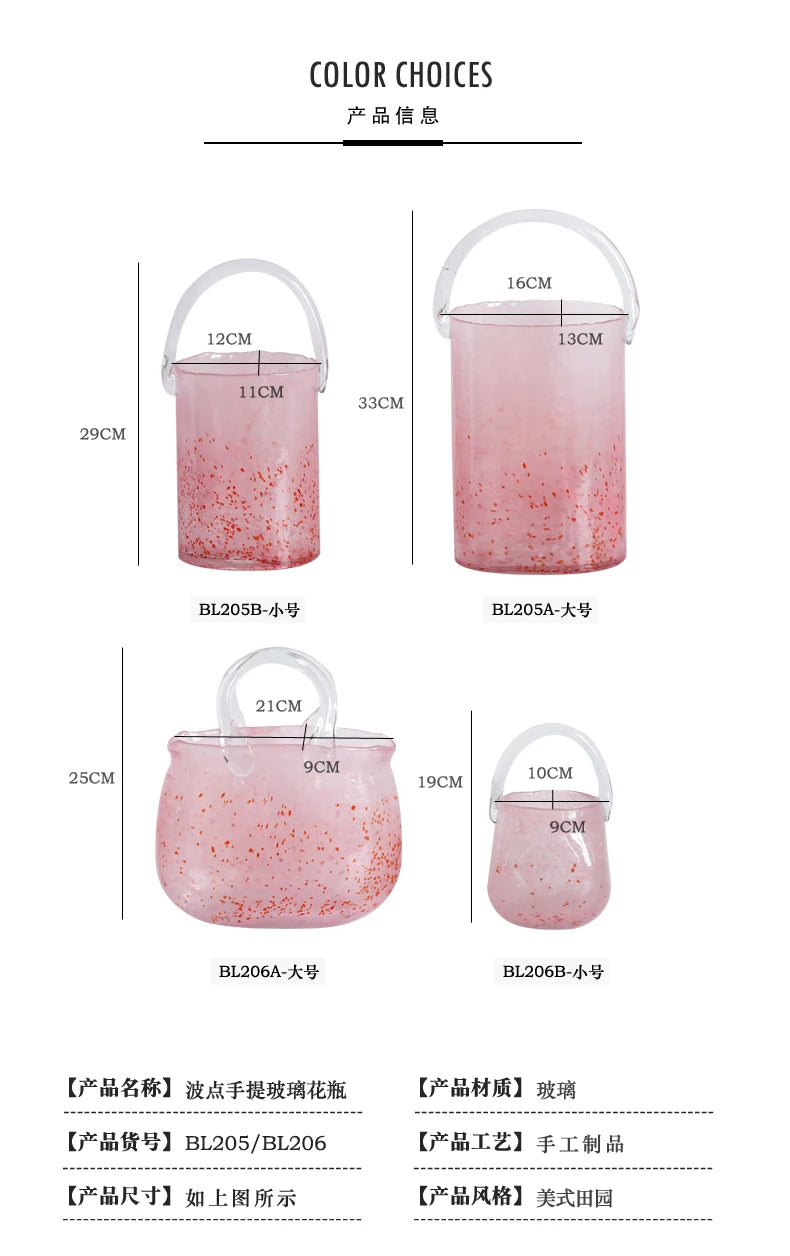 Pink Pail Glass Handbag Home Decor Flower Vase Decoration Piece Creative Internet Celebrity INS Wind Hydroponic Vase Retro