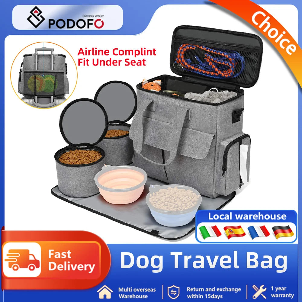 Podofo Weekend Pet Travel Set for Dog and Cat Airline Approved Tote Organizer with 2 Food Storage Containers 2 Collapsible Bowls