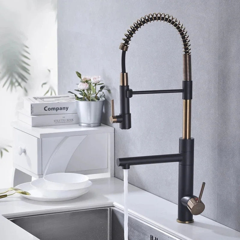 Brushed Gold Kitchen Faucets Pull Down Sink Faucet Pull Out Black Spring Spout Mixers Tap Hot Cold Water Crane