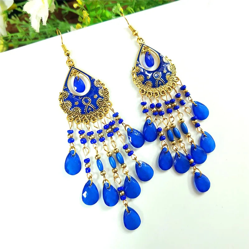 Bohemian Long Acrylic Waterdrop Tassel Earrings for Women Ethnic Multicolor Bead Drop Oil Handmade Dangle Earrings Boho Jewelry