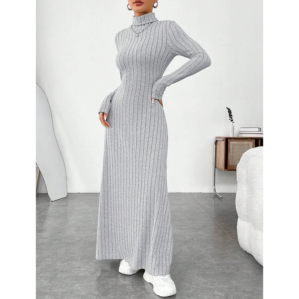 Mia Muse Women's Dresses Autumn Winter Decent Simple Solid Color Long Sleeve High-Neck Maxi Wrap Casual Dresses