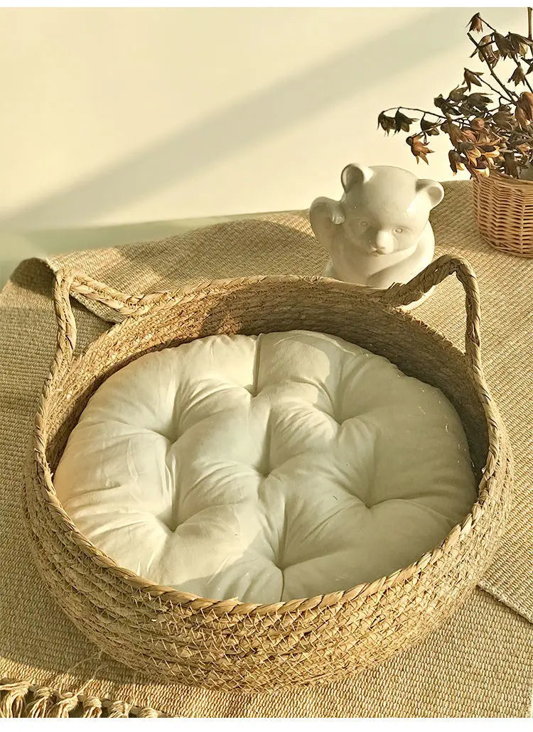 OUZEY Rattan Weaving Cat Basket Pet Cat Bed With Cushion Soft Warm Puppy Kitten Bed Donut Round Comfortable Sleeping Cat House