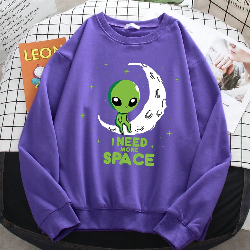 Casual Kawaii Women Sweatshirts I Need More Space Green Alien Print Hoodie Loose Warm Pullover Soft Fleece Ladies Streetwear