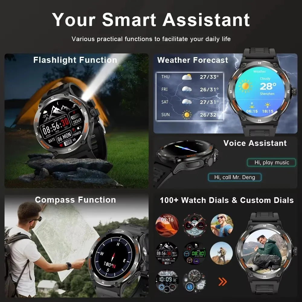 EIGIIS Smart Watch 3ATM Waterproof 1.53" KT76 Men Sport With Compass And LED Flashlight Heart Rate Sleep Analysis Bluetooth Call