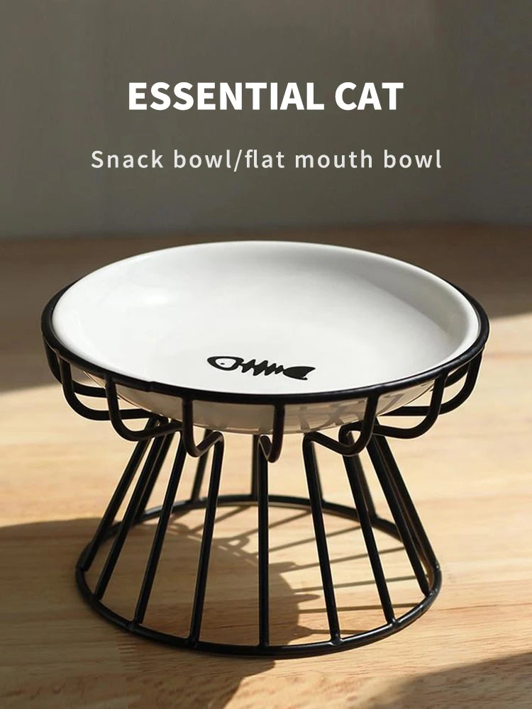 1Set Pet Ceramic Bowl Iron Rack Cat Food Snacks Canned Plate Anti-black Chin Anti-turning Water Does Not Leak Easy To Eat