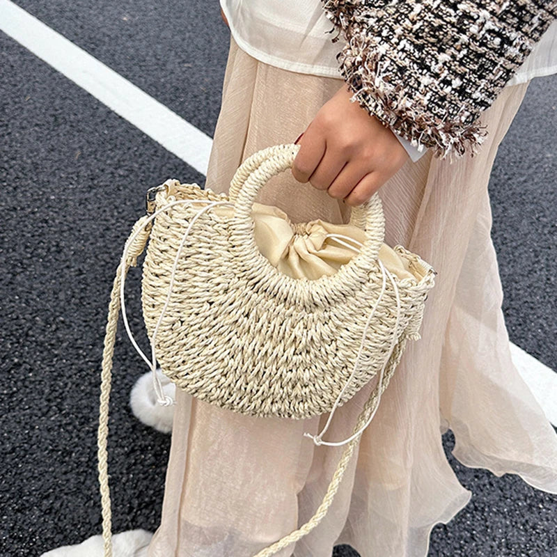 Handwoven Straw Rattan Half-Moon Beach Handbag Large Capacity Women Summer Hollow Out Crossbody Shoulder Bag