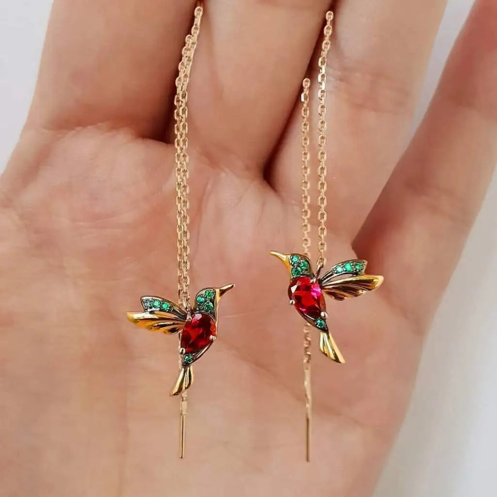 Women's Dangle Earrings Fashionable Wing Spreading Zircon Hummingbird Long Pendant Earchain Lady Jewelry Fashionable Wing Spread