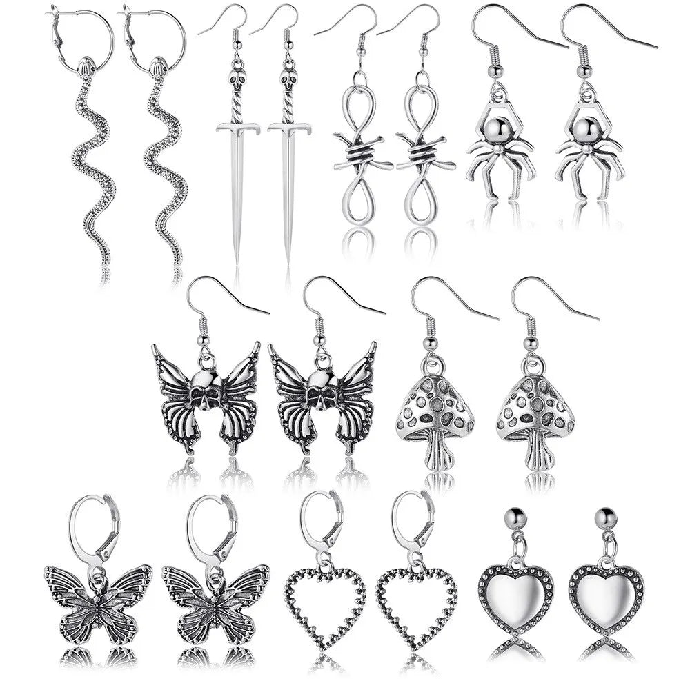 9pairs Set Of Ladies Earrings Retro Halloween Popular Alloy Creative Butterfly Peach Heart Mushroom Snake Spider Pendant Earring