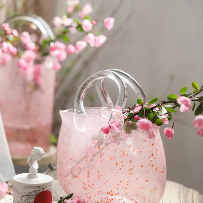 Pink Pail Glass Handbag Home Decor Flower Vase Decoration Piece Creative Internet Celebrity INS Wind Hydroponic Vase Retro