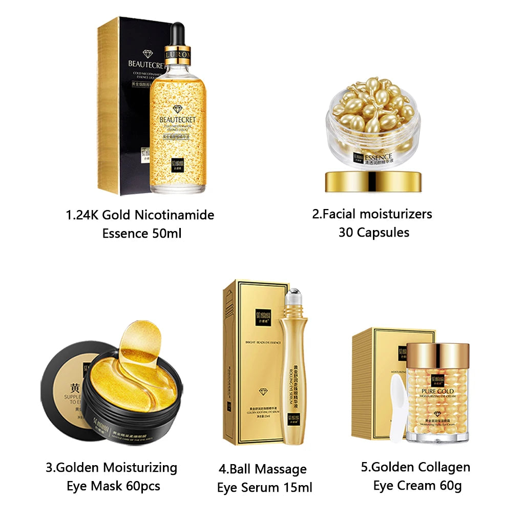 24K Gold Skincare Set Nicotinamide Face Essence Fade Dark Eye Circles Collagen Eye Cream Firming Skin Eye Mask Face Care Kit