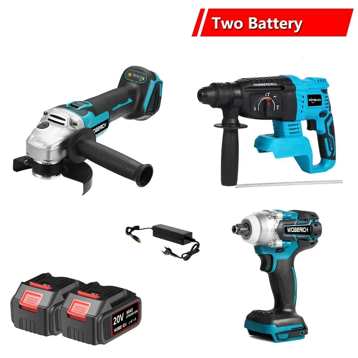 WOBERICH Brushless Cordless Angle Grinder Electric circular saw Electric Impact Hammer Drill With 2x Battery Combo Kits