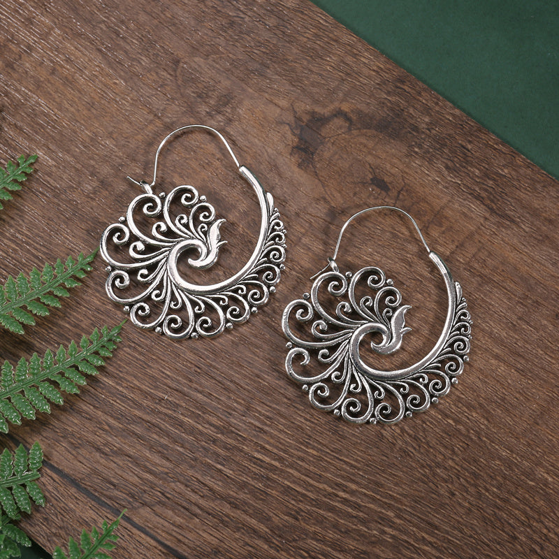 Vintage Metal Craftsman Carved Cutout Peacock Earrings Boho Women Simple Hoop Drop Earrings