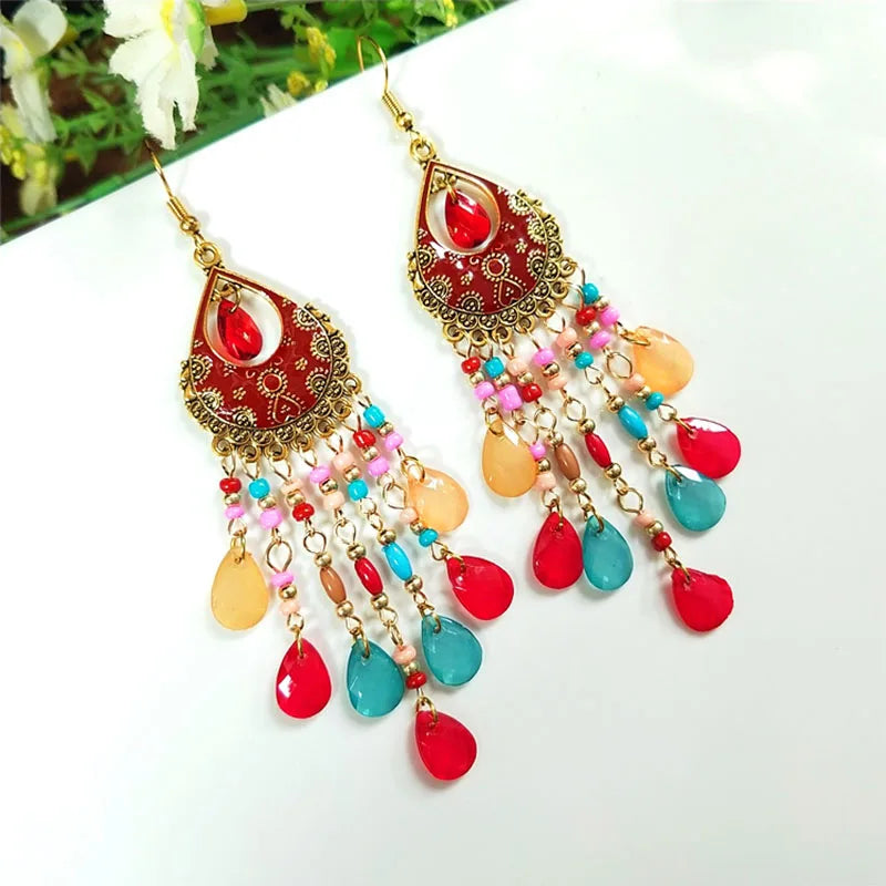 Bohemian Long Acrylic Waterdrop Tassel Earrings for Women Ethnic Multicolor Bead Drop Oil Handmade Dangle Earrings Boho Jewelry