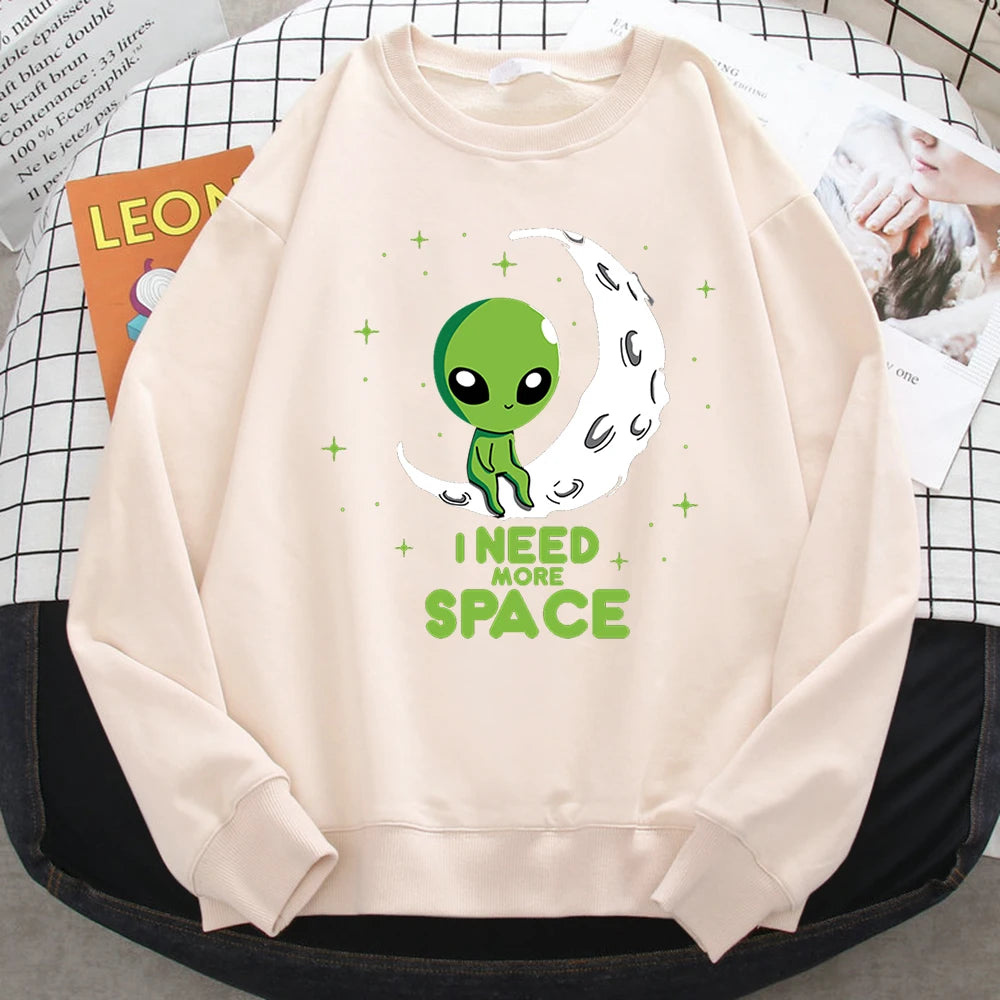 Casual Kawaii Women Sweatshirts I Need More Space Green Alien Print Hoodie Loose Warm Pullover Soft Fleece Ladies Streetwear