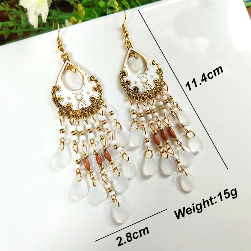 Bohemian Long Acrylic Waterdrop Tassel Earrings for Women Ethnic Multicolor Bead Drop Oil Handmade Dangle Earrings Boho Jewelry