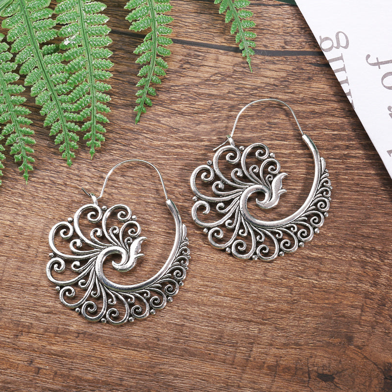 Vintage Metal Craftsman Carved Cutout Peacock Earrings Boho Women Simple Hoop Drop Earrings