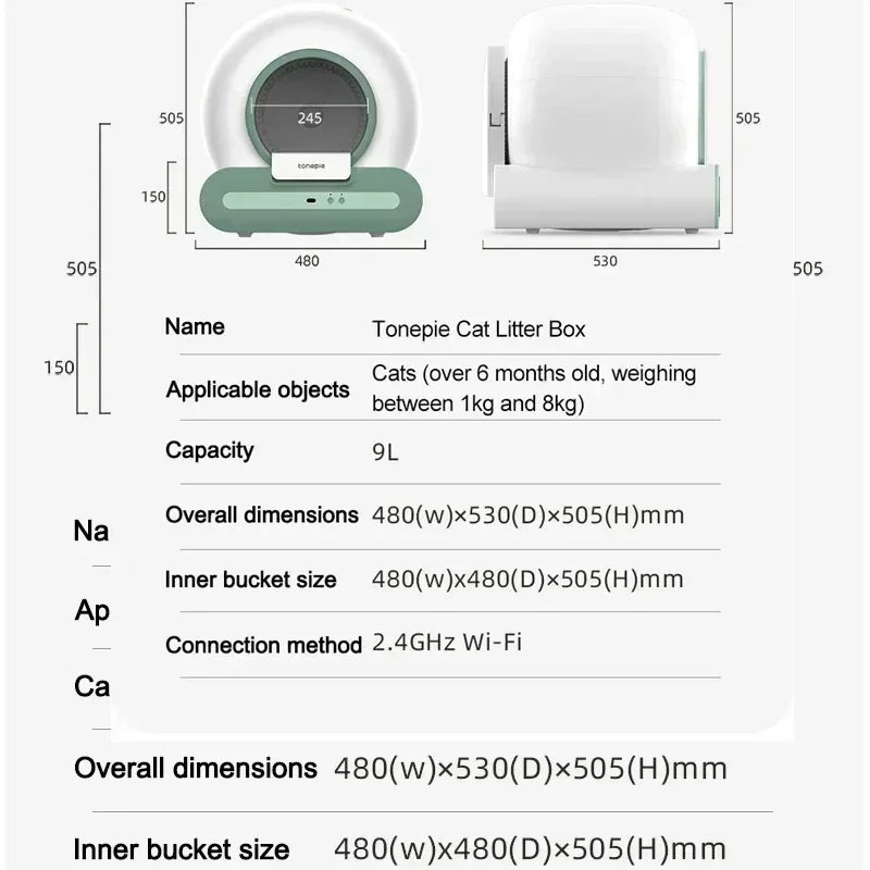 Tonepie Automatic Cat Litter Box Self-Cleaning APP Control 65L Smart Cat Toilet Electric Ion Deodorizati Detachable Tonepie Ti+