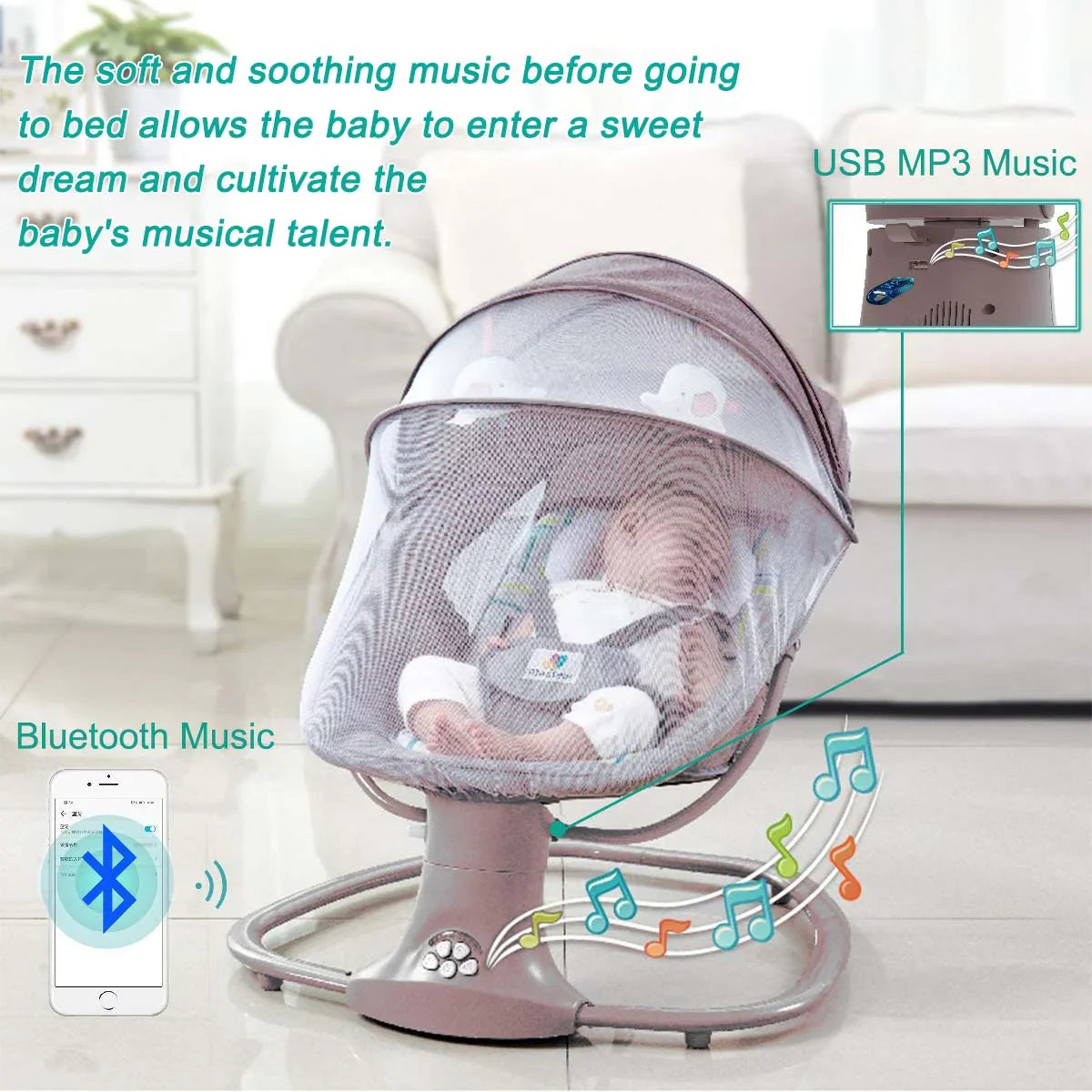 Electric Bluetooth Baby Cradle with Mosquito Net Bluetooth Music Baby Rocking Chair Multifunctional Baby Crib for Newborns 2024