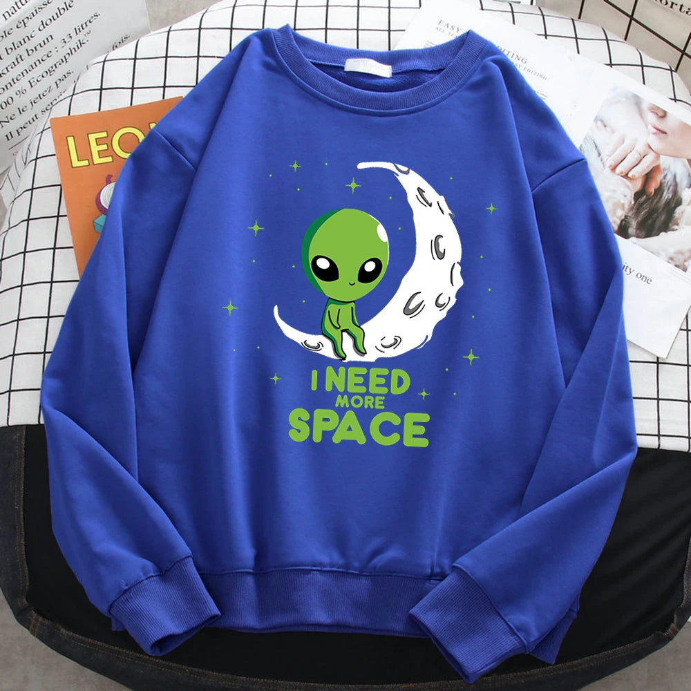 Casual Kawaii Women Sweatshirts I Need More Space Green Alien Print Hoodie Loose Warm Pullover Soft Fleece Ladies Streetwear