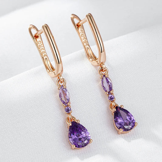 Wbmqda Luxury Fashion Purple Long Drop Earrings For Women 585 Rose Gold Color Elegant Wedding Party Fine Jewelry Accessories