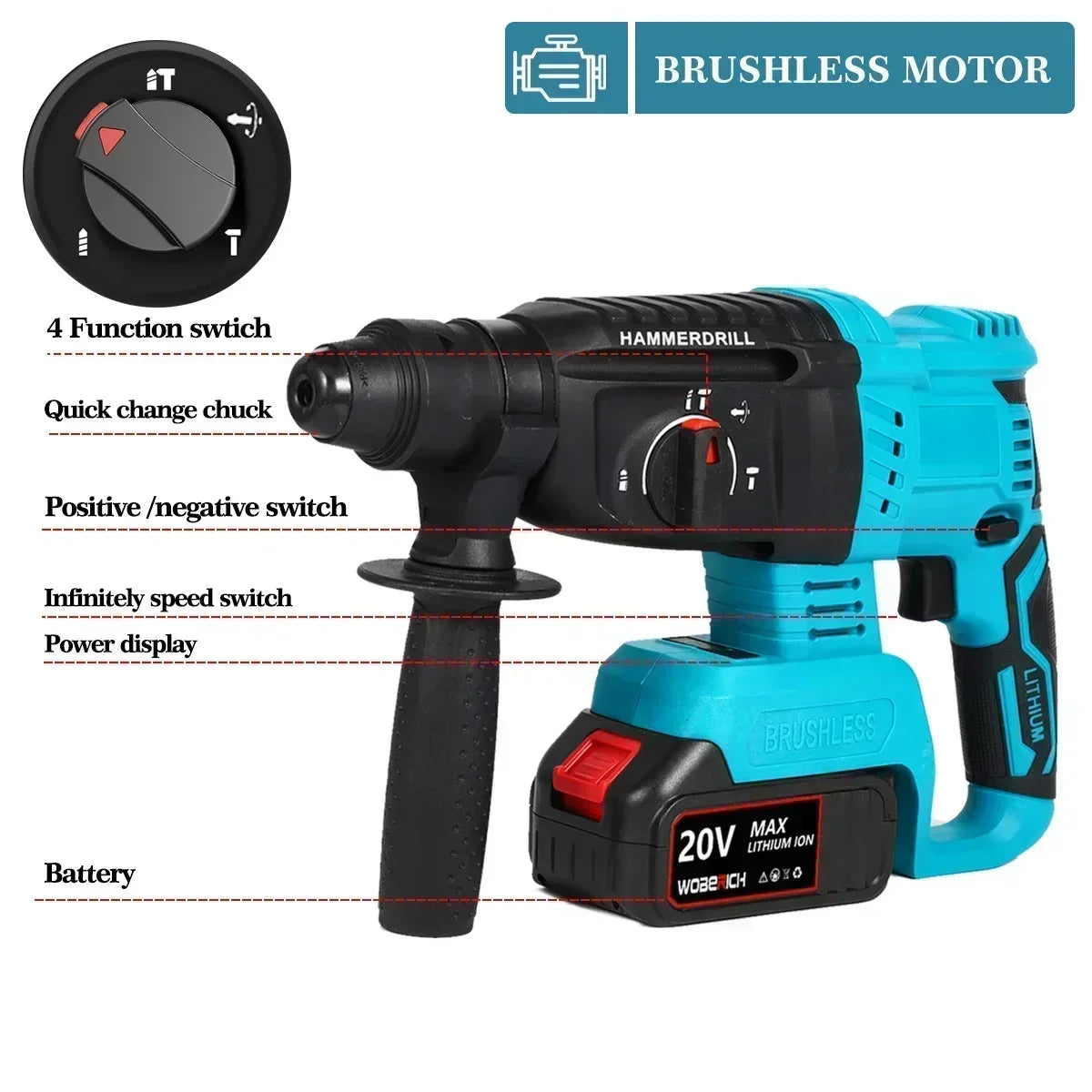 WOBERICH Brushless Cordless Angle Grinder Electric circular saw Electric Impact Hammer Drill With 2x Battery Combo Kits