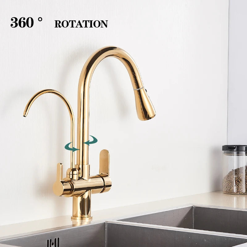 Gold Purify Water Kitchen Faucet Deck Mounted Dual Handle Faucet Purification Kitchen Sink Faucet 2 Swivel Spout Water Mixer Tap