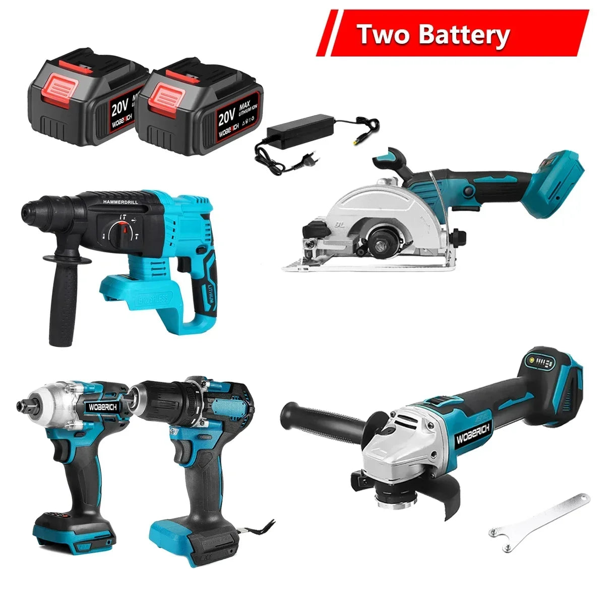 WOBERICH Brushless Cordless Angle Grinder Electric circular saw Electric Impact Hammer Drill With 2x Battery Combo Kits