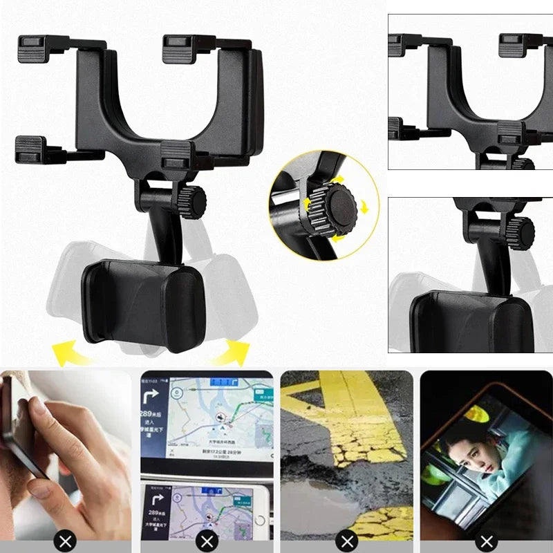 360° Car Rearview Mirror Mobile Phone Holder for Car Mount Smartphone GPS Holder Support Rotating Adjustable Telescopic Phone