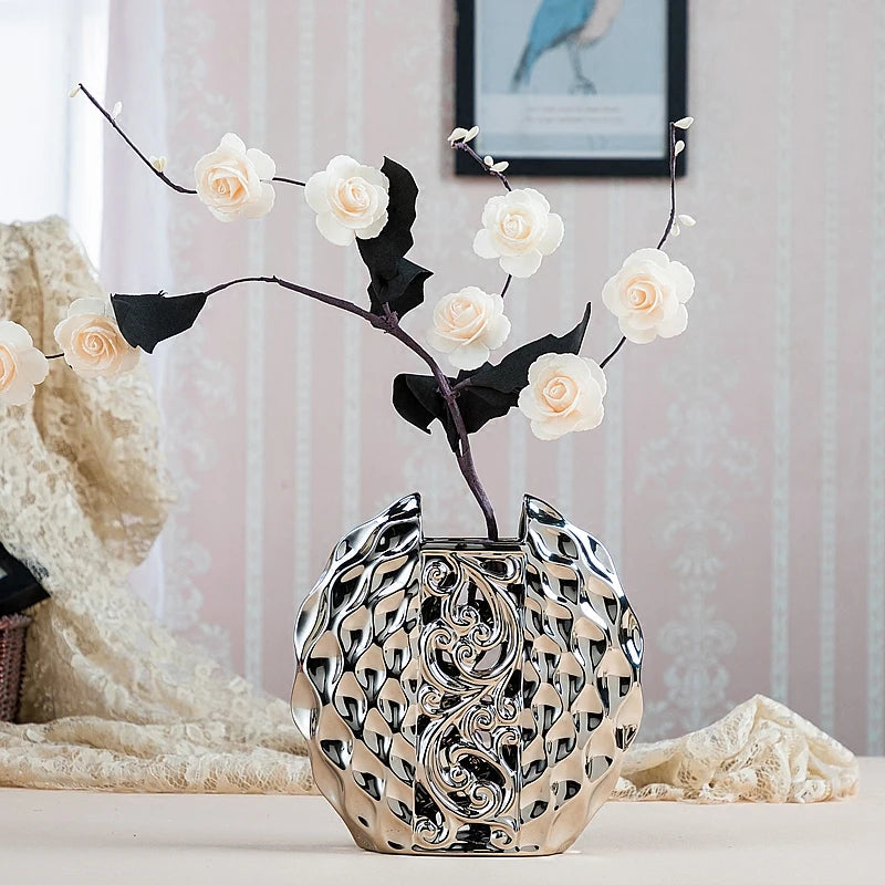 Modern simplicity Ceramic Vase Hand Inlaid Drill plating White/silver  Arrangement Flower Art Vases wedding home decoration