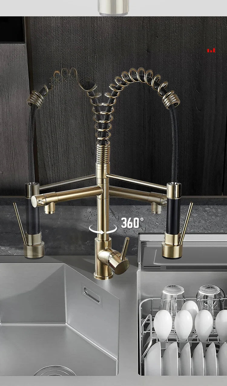 360 Rotatable Faucet Mixer Sink Brass Spring Water Kitchen Taps Gold Ceramic Modern Contemporary Single Handle