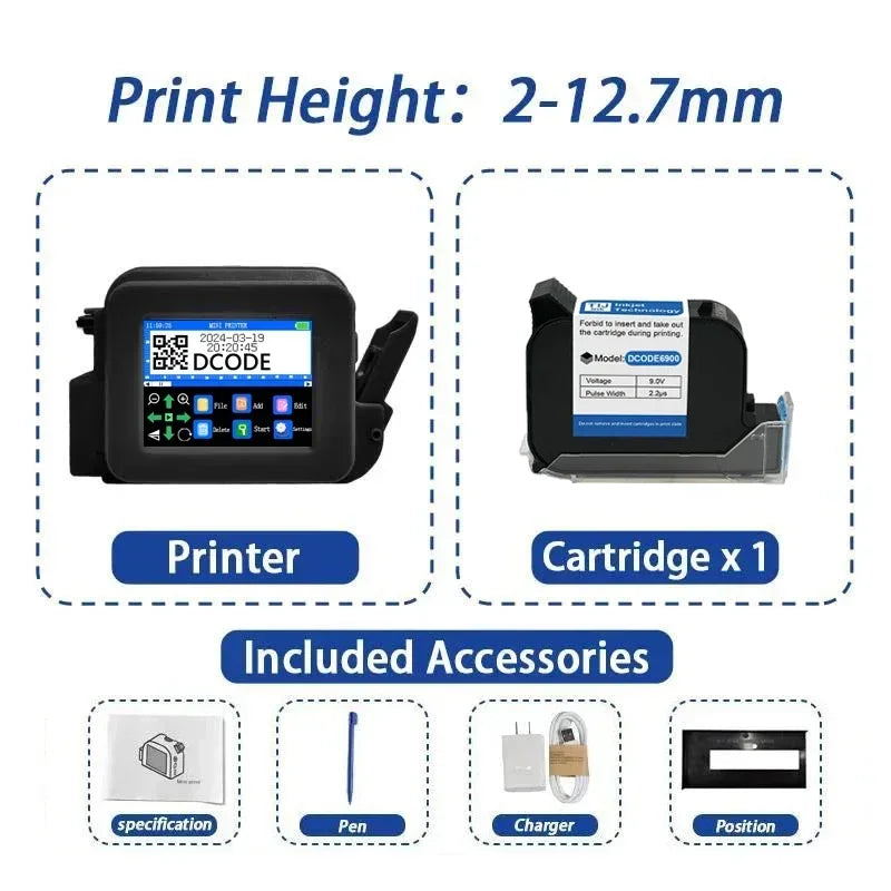 DCODE XMINI 12.7mm Portable Mini Printer Handheld Inkjet Printer Text QR Barcode Image Batch Number Logo Image Coding Machine