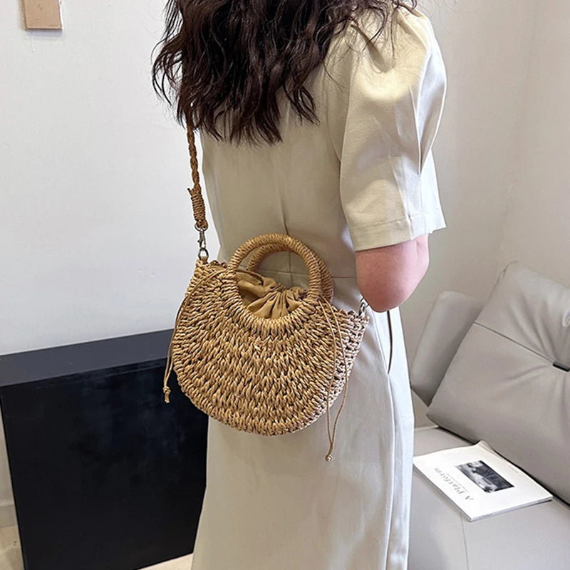 Handwoven Straw Rattan Half-Moon Beach Handbag Large Capacity Women Summer Hollow Out Crossbody Shoulder Bag