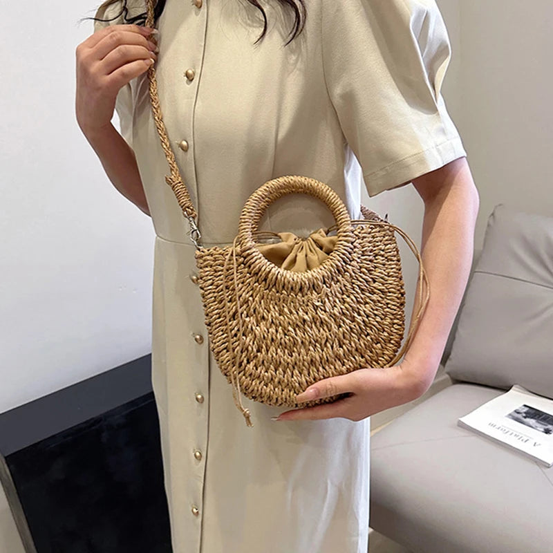 Handwoven Straw Rattan Half-Moon Beach Handbag Large Capacity Women Summer Hollow Out Crossbody Shoulder Bag