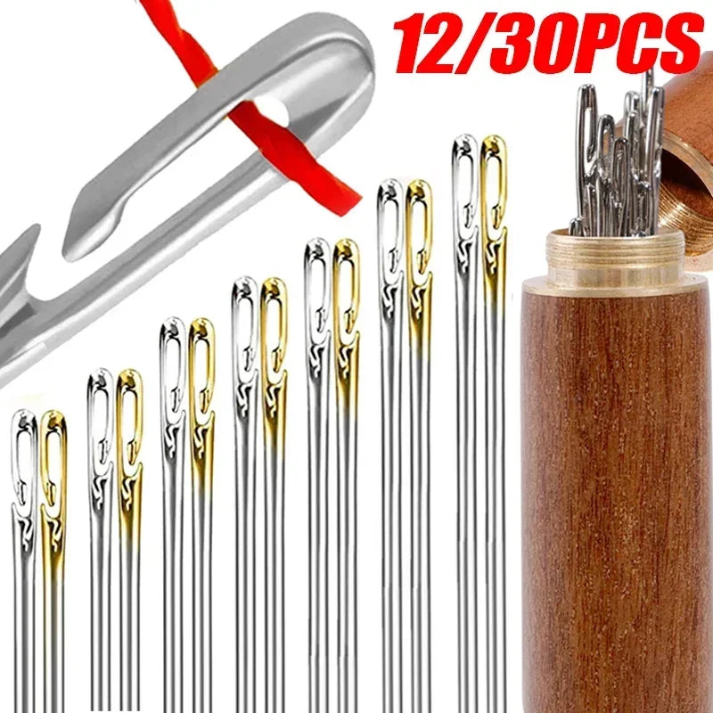 12/30Pcs Blind Needles Stainless Steel Self Threading Needle Set DIY Embroidery Elderly Hand Stitching Threader DIY Sewing Tools