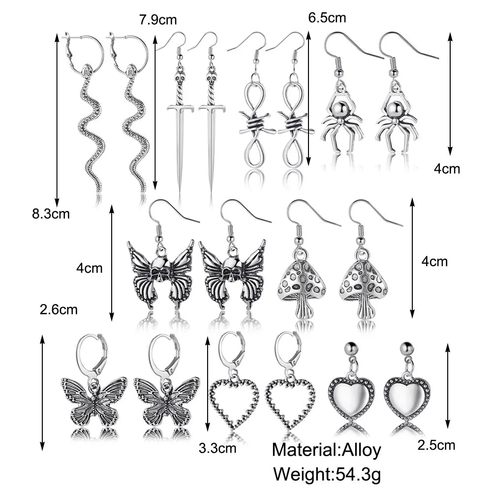 9pairs Set Of Ladies Earrings Retro Halloween Popular Alloy Creative Butterfly Peach Heart Mushroom Snake Spider Pendant Earring