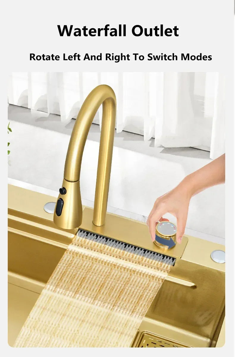 Gold 304 Stainless Steel kitchen Waterfall Sink,Washing Basin,Large Single Slot Sink Crockery Drainer Gourmet Faucet kitchen