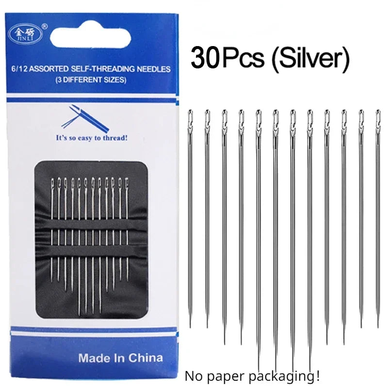 12/30Pcs Blind Needles Stainless Steel Self Threading Needle Set DIY Embroidery Elderly Hand Stitching Threader DIY Sewing Tools