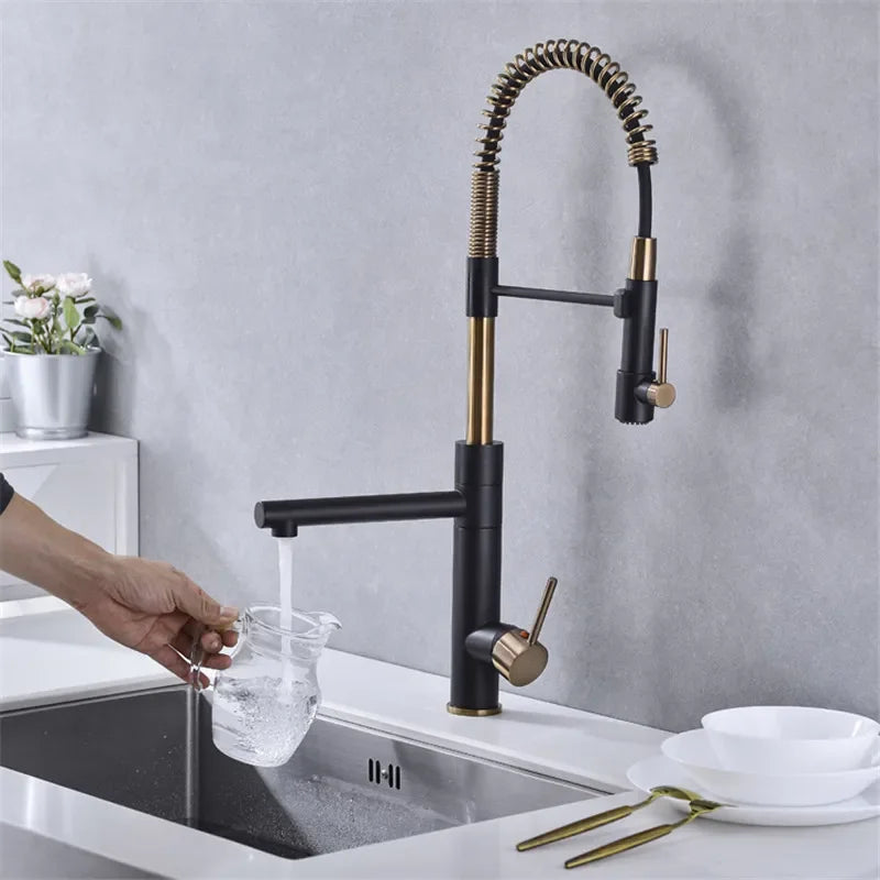 Brushed Gold Kitchen Faucets Pull Down Sink Faucet Pull Out Black Spring Spout Mixers Tap Hot Cold Water Crane