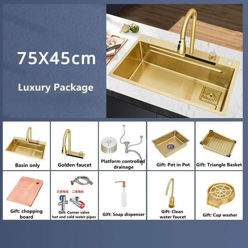 Gold 304 Stainless Steel kitchen Waterfall Sink,Washing Basin,Large Single Slot Sink Crockery Drainer Gourmet Faucet kitchen