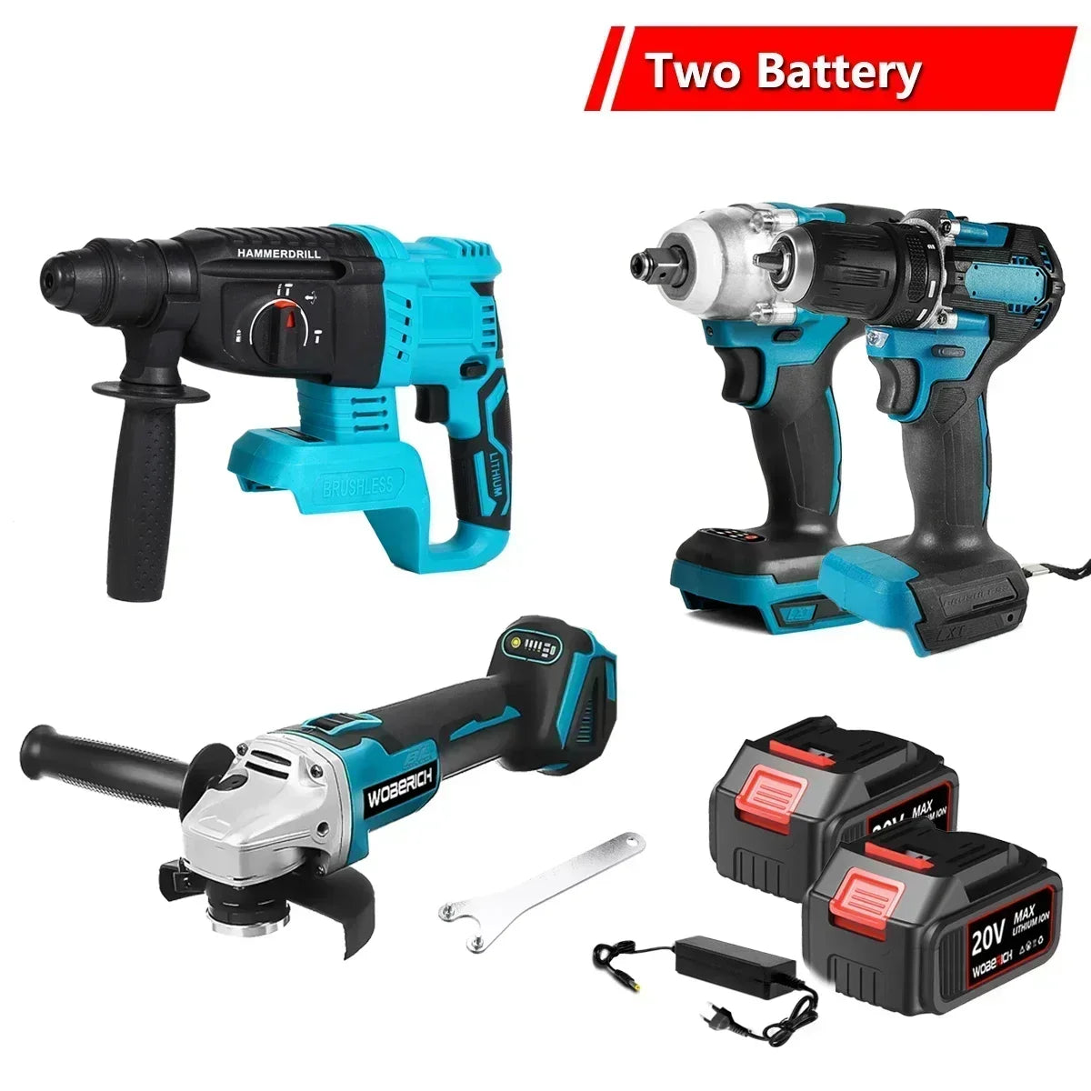 WOBERICH Brushless Cordless Angle Grinder Electric circular saw Electric Impact Hammer Drill With 2x Battery Combo Kits