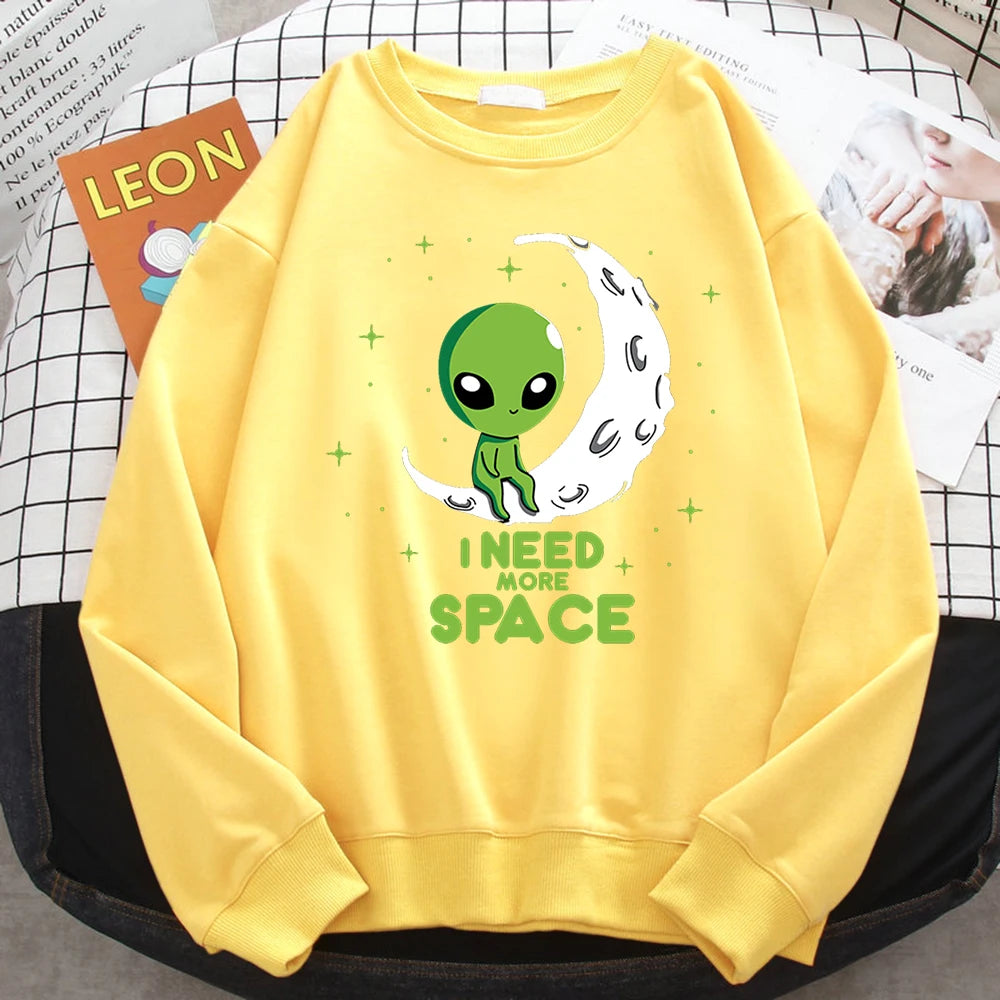 Casual Kawaii Women Sweatshirts I Need More Space Green Alien Print Hoodie Loose Warm Pullover Soft Fleece Ladies Streetwear