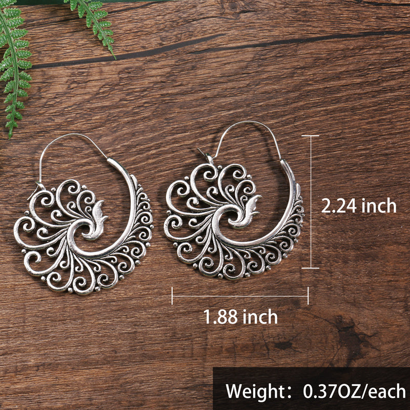 Vintage Metal Craftsman Carved Cutout Peacock Earrings Boho Women Simple Hoop Drop Earrings