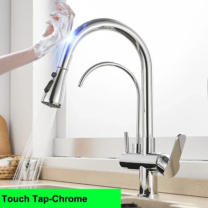 Brushed Nickel Touch on Filter Kitchen Faucet with Pull Down Sprayer Hot Cold Kitchen Sink Mixer Tap Sensor Touch Kitchen Faucet