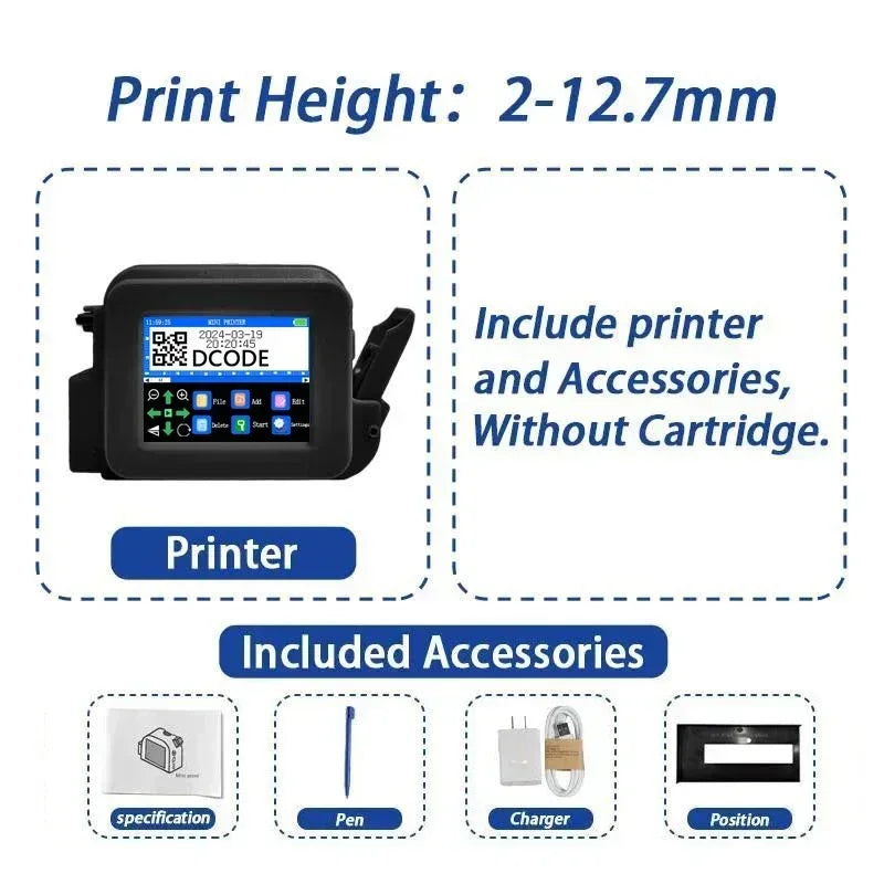 DCODE XMINI 12.7mm Portable Mini Printer Handheld Inkjet Printer Text QR Barcode Image Batch Number Logo Image Coding Machine