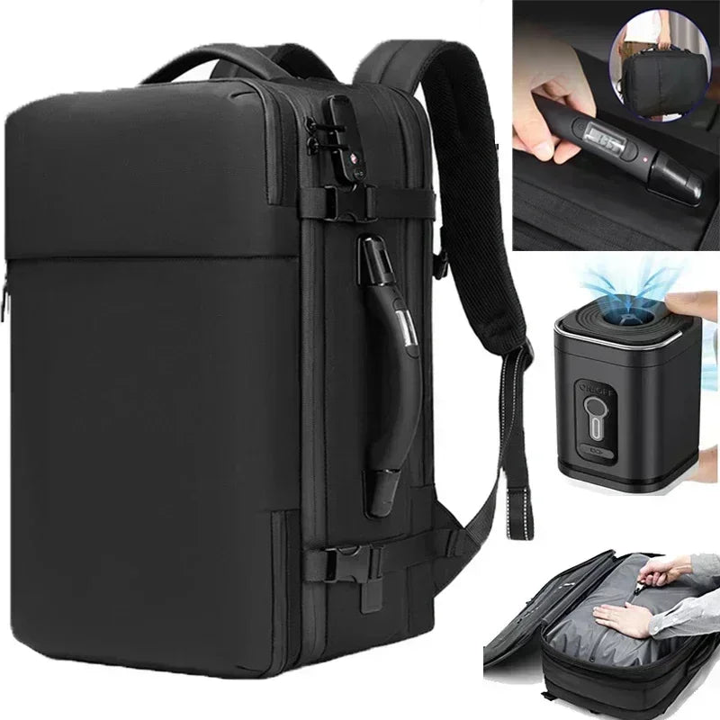 60L Airback Vacuum Compression Backpack with Wheels Expandable Men Waterproof Carry On Travel Backpacks 17 inch Laptop Backpack